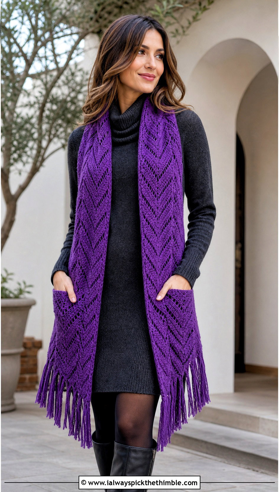 Fringed Chevron Crochet Pocket Scarf With Sweater Dress - 15 Crochet Scarf With Hand Pockets outfit ideas
