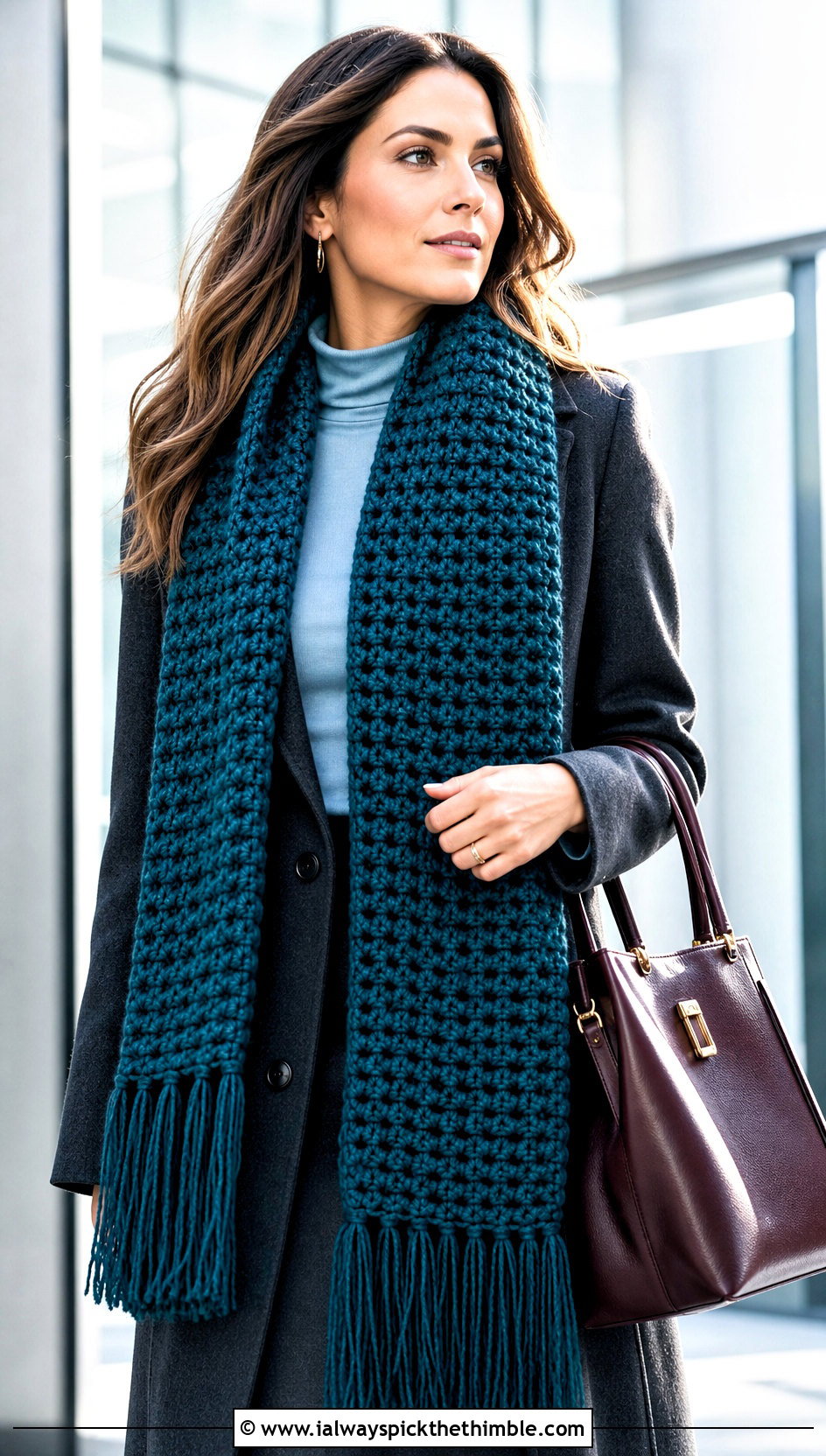 Fringed Chunky Crochet Scarf With Tailored Coat - 25 chunky crochet scarf outfit ideas