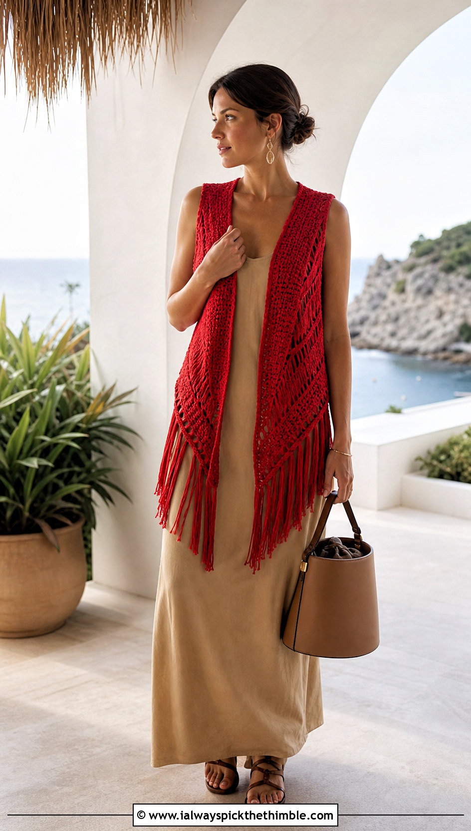 Fringed Chunky Crochet Vest With Maxi Dress - 20 crochet chunky vest outfit ideas