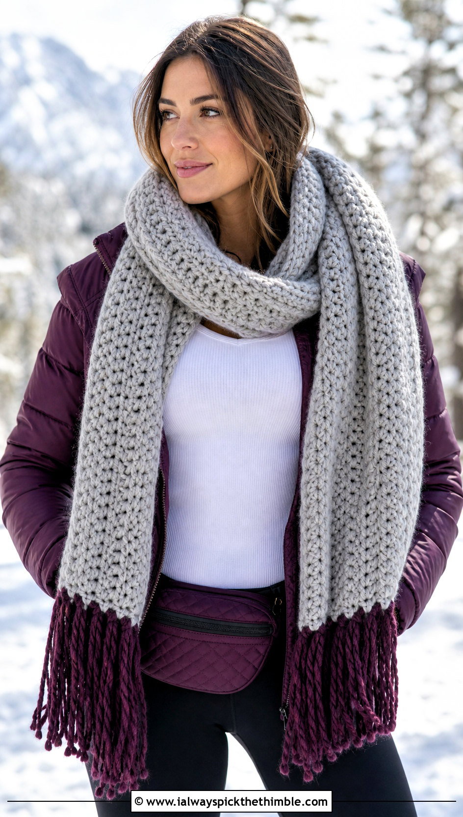 Fringed Chunky Gray Crochet Scarf With Puffer Jacket And Leggings - 15 Chunky Gray Crochet Scarf outfit ideas