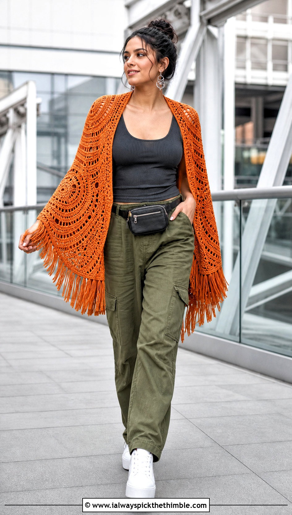 Fringed Circle Crochet Shawl With Cargo Pants - 20 Circle Crochet Shawl outfit ideas