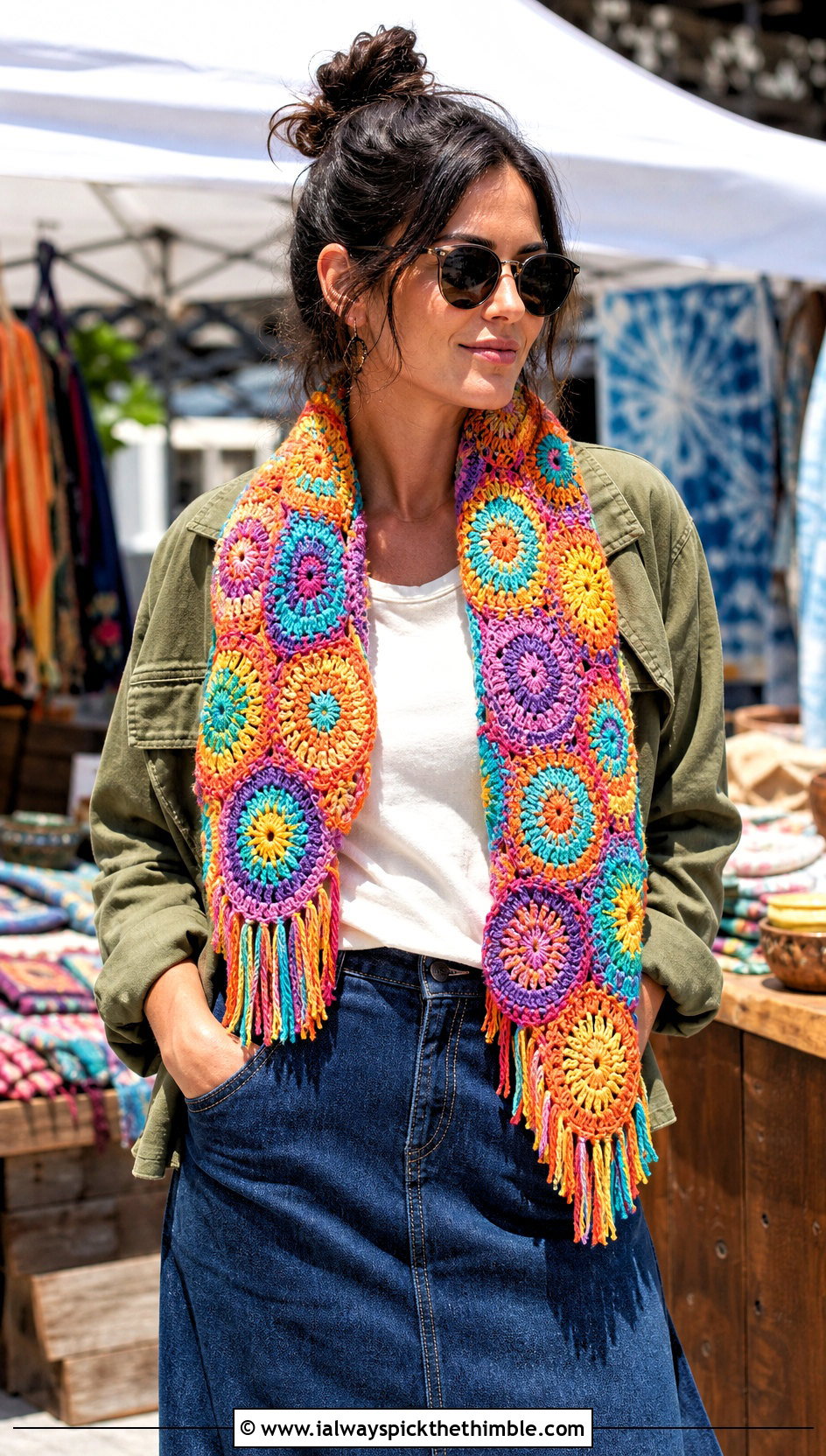 Fringed Circle Medallion Crochet Scarf With Utility Jacket And Maxi Skirt - 15 crochet scarf with colorful circles outfit ideas