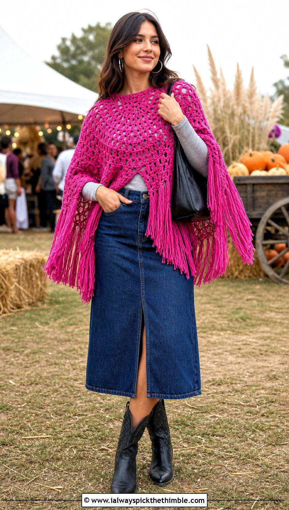 Fringed Circle Poncho With Denim Midi Skirt - 20 Crochet Circle Poncho outfit ideas