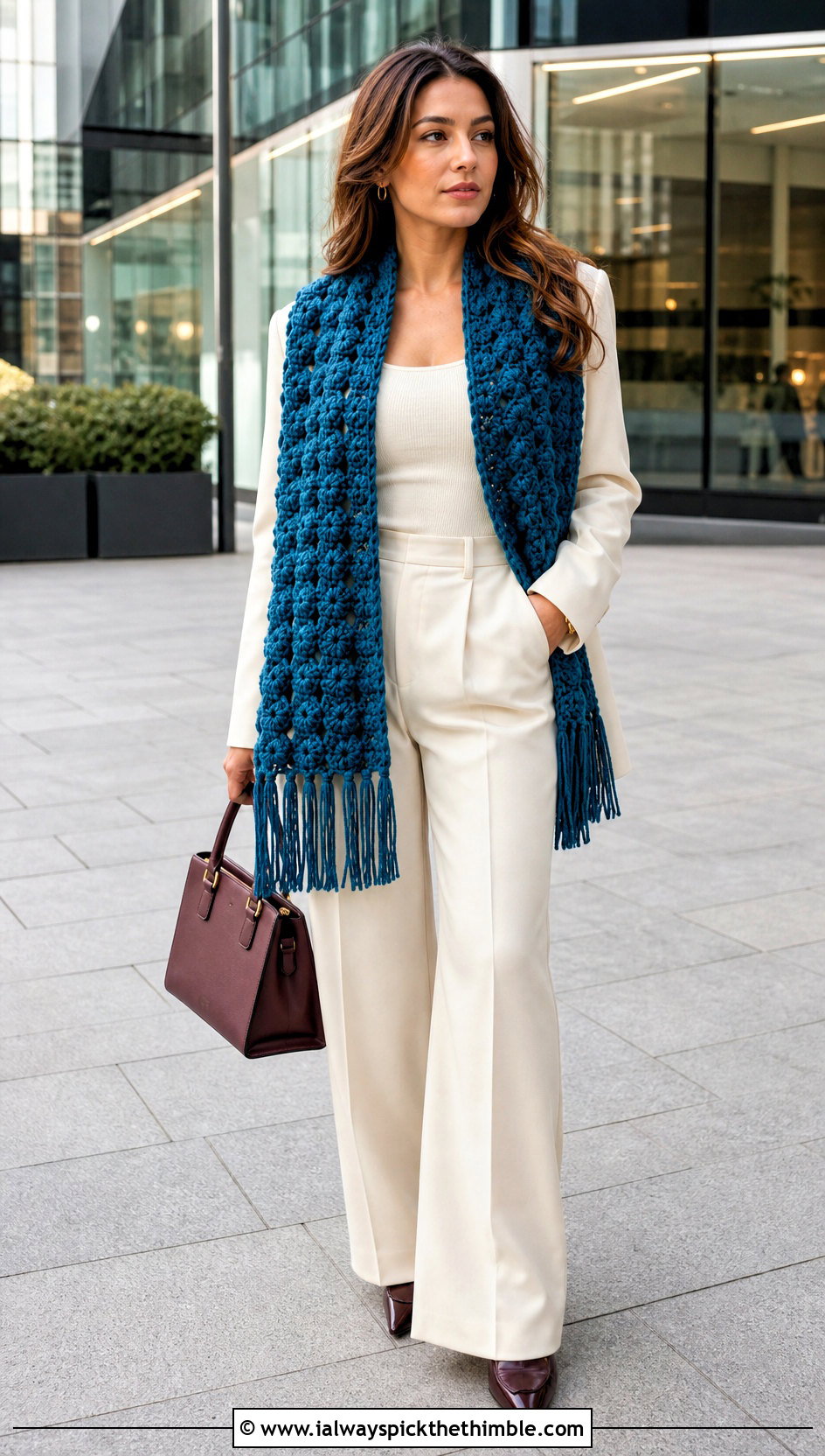 Fringed Cluster Stitch Crochet Scarf With Monochrome Suit - 15 Textured Crochet Scarf Design outfit ideas