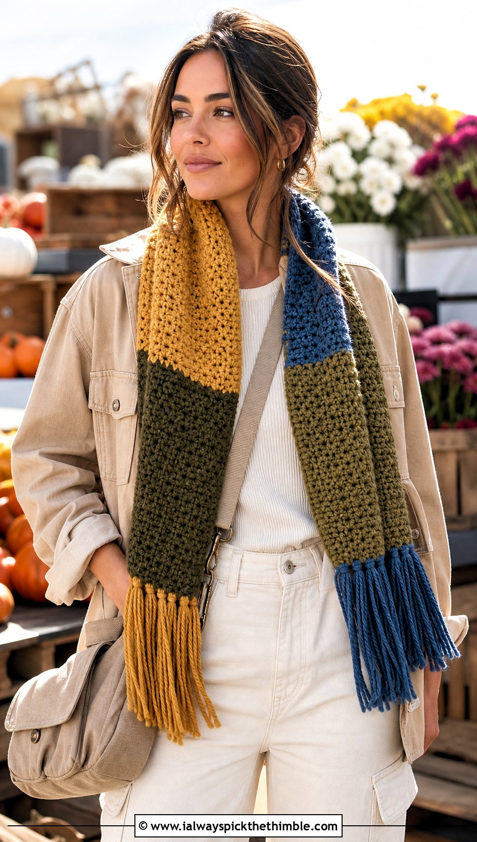 Fringed Color Block Crayon Scarf With Utility Jacket - 15 Crochet Crayon Scarf outfit ideas