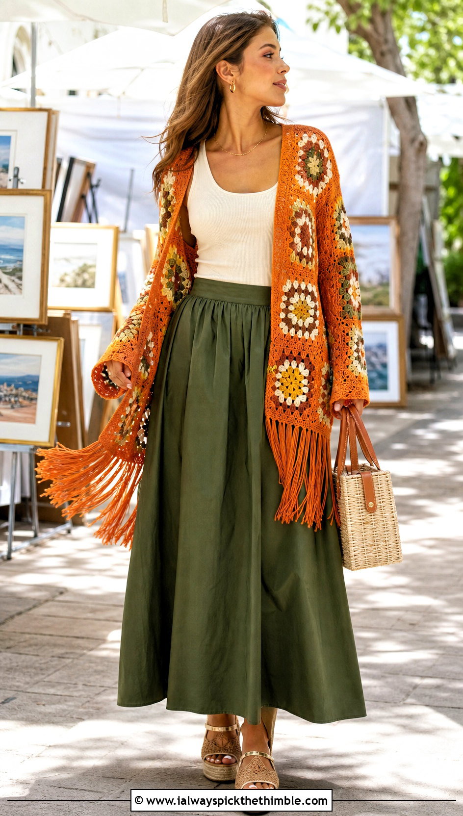 Fringed Cotton Granny Square Cardigan With Poplin Maxi Skirt - 20 cotton granny square cardigan outfit ideas