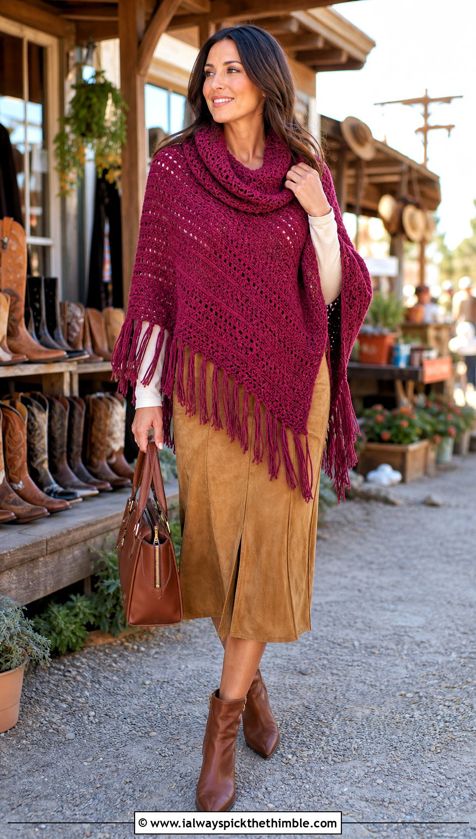 Fringed Cowl Collar Crochet Poncho With Suede Skirt - 20 Crochet Poncho With Collar outfit ideas