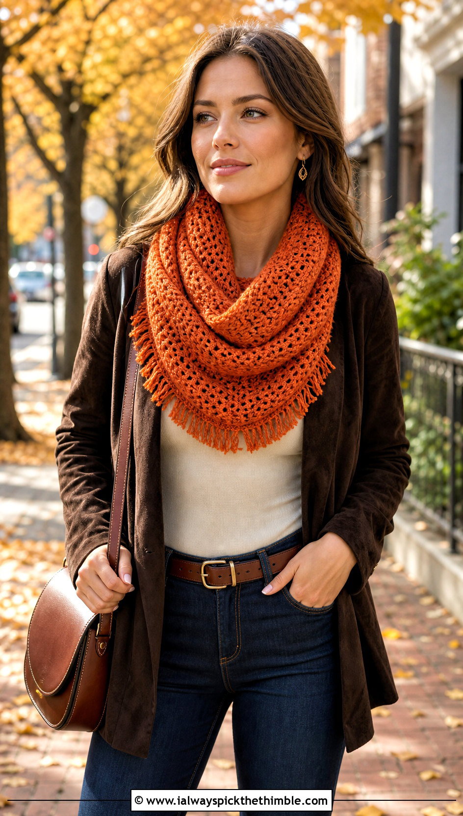 Fringed Cowl With Suede Jacket And Bootcut Jeans - 15 Cowls To Crochet outfit ideas