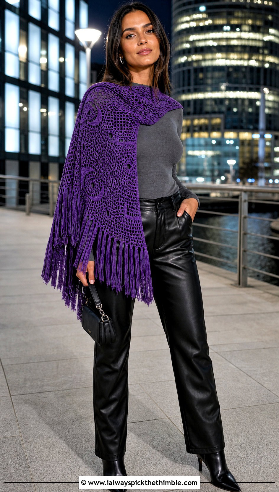 Fringed Crescent Moon Shawl With Leather Pants - 15 Crochet Moon Shawl outfit ideas
