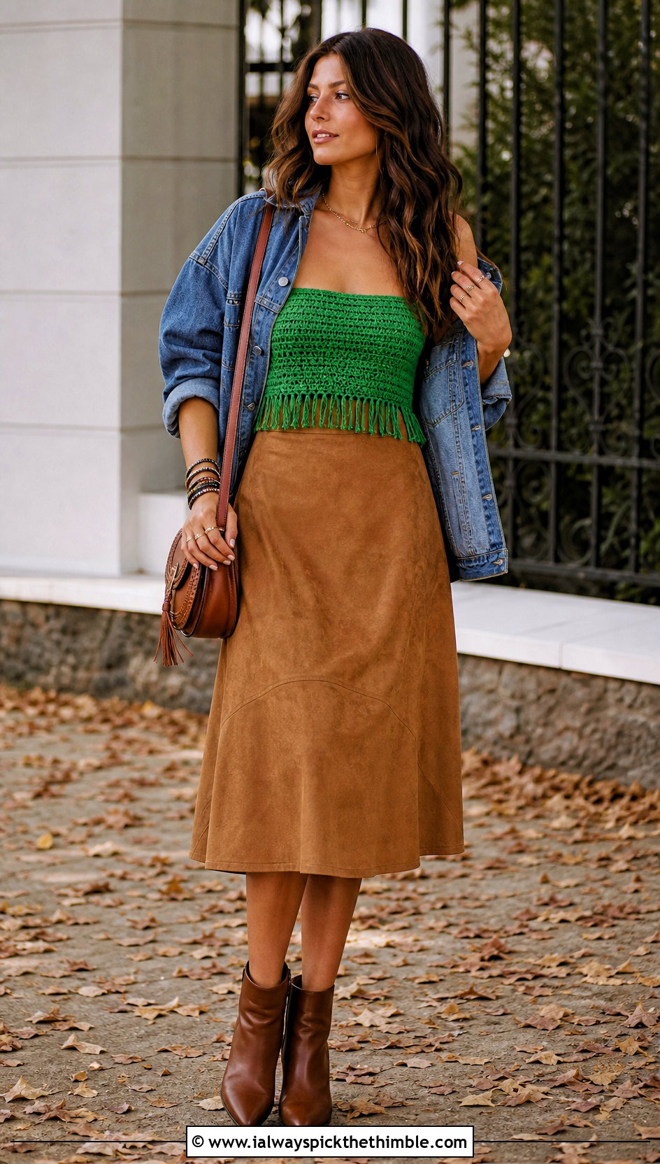 Fringed Crochet Bandeau Top With Suede Midi Skirt - 20 crochet bando top outfit ideas