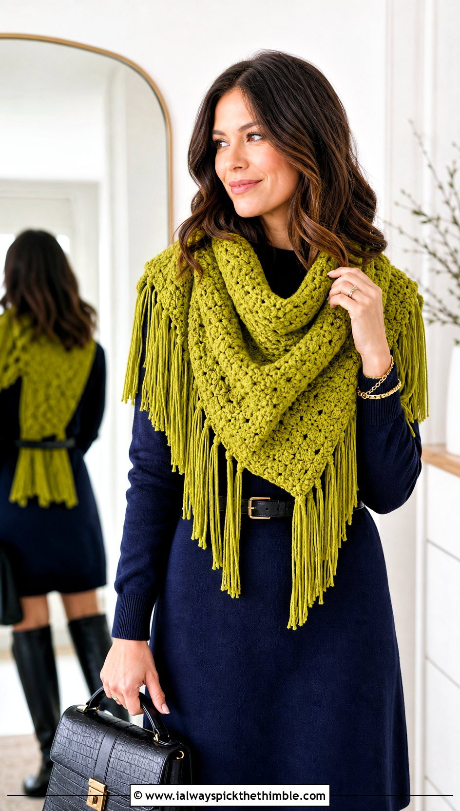 Fringed Crochet Blanket Scarf With Sweater Dress - 25 crochet blanket scarf outfit ideas