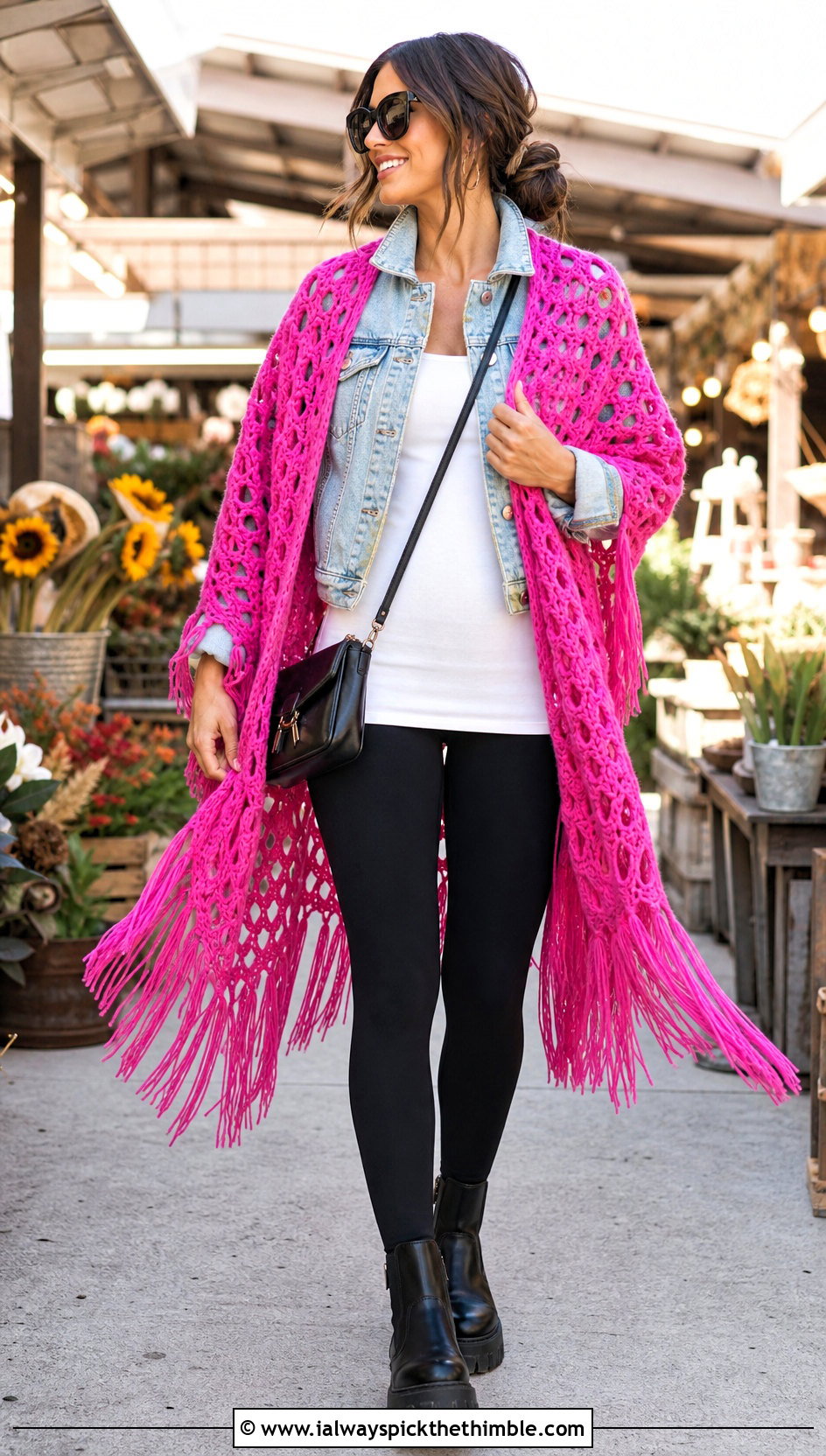 Fringed Crochet Blanket Shawl With Denim Jacket And Leggings - 20 crochet blanket shawl outfit ideas