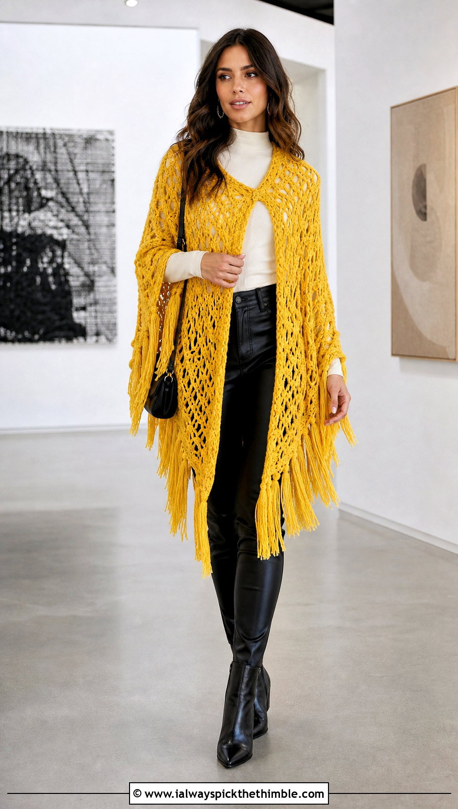 Fringed Crochet Boho Poncho With Leather Pants - 20 crochet boho poncho outfit ideas