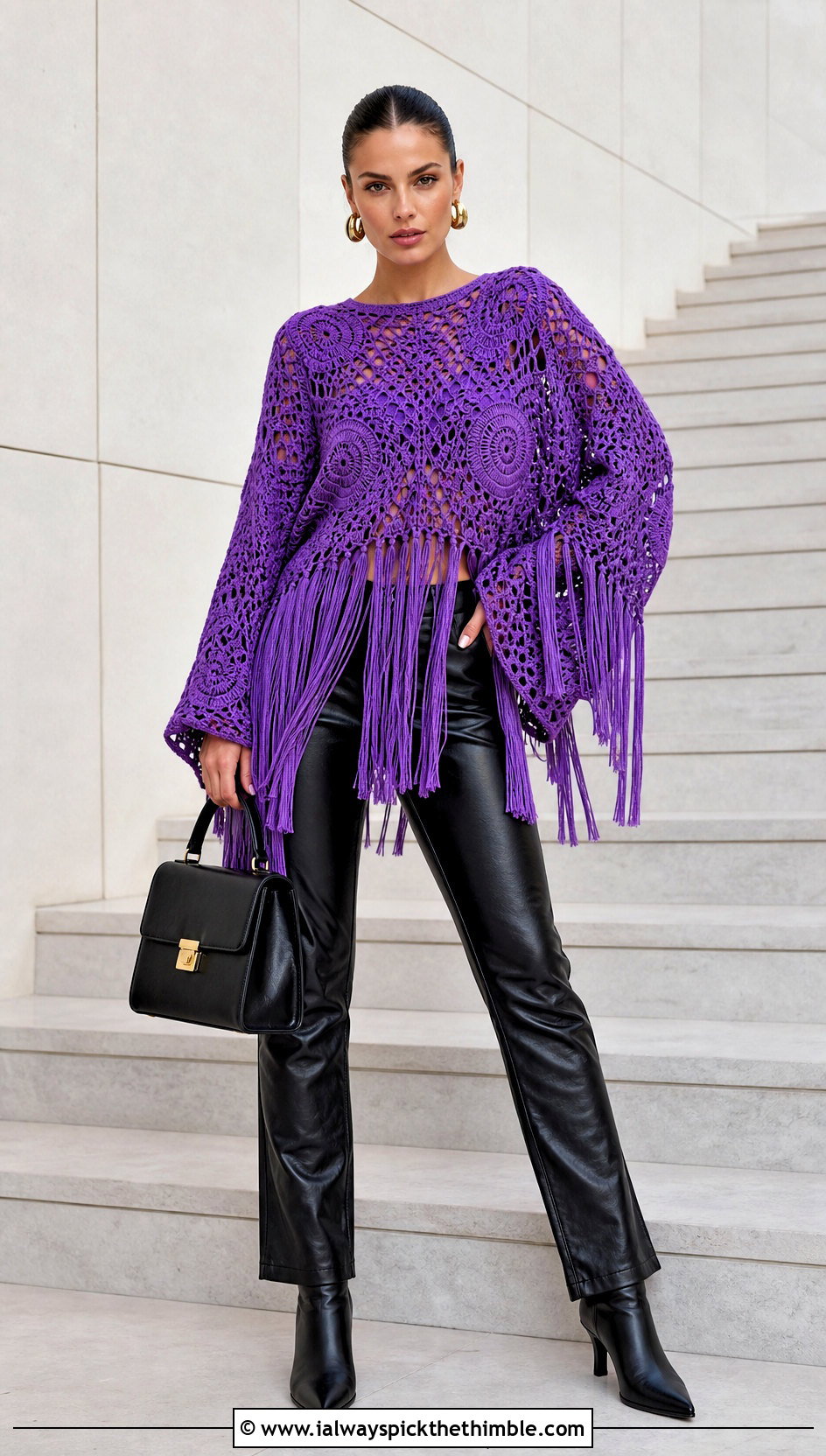 Fringed Crochet Boho Sweater With Leather Pants - 20 crochet boho sweater outfit ideas