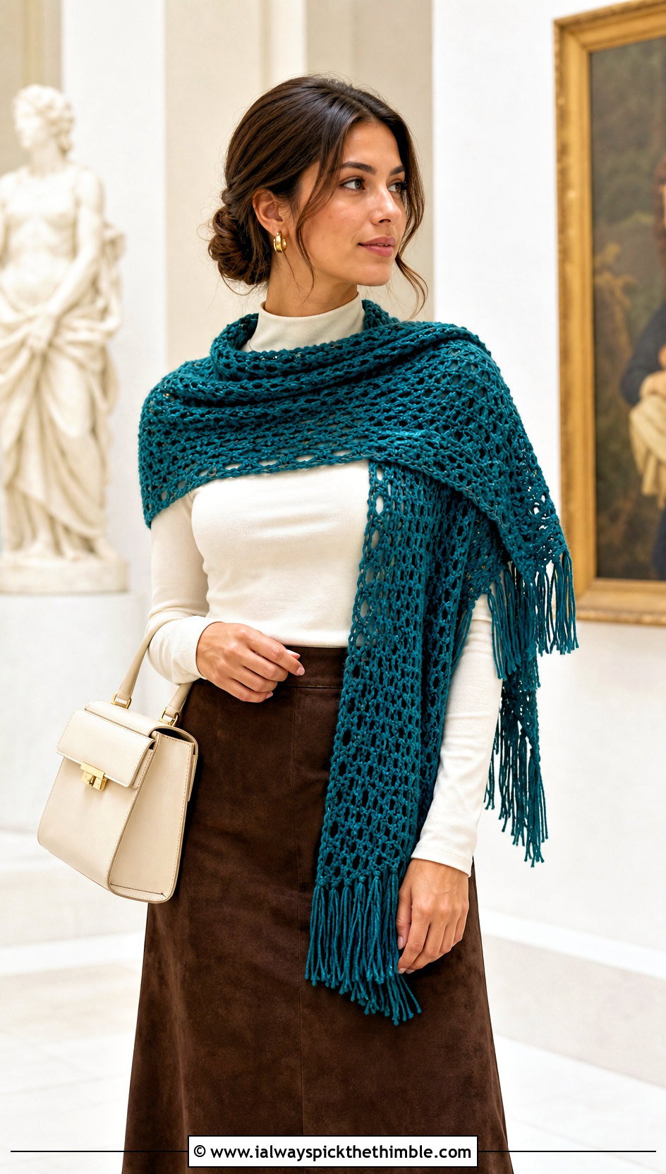 Fringed Crochet Boomerang Scarf With Suede Midi Skirt - 15 Crochet Boomerang Scarf outfit ideas