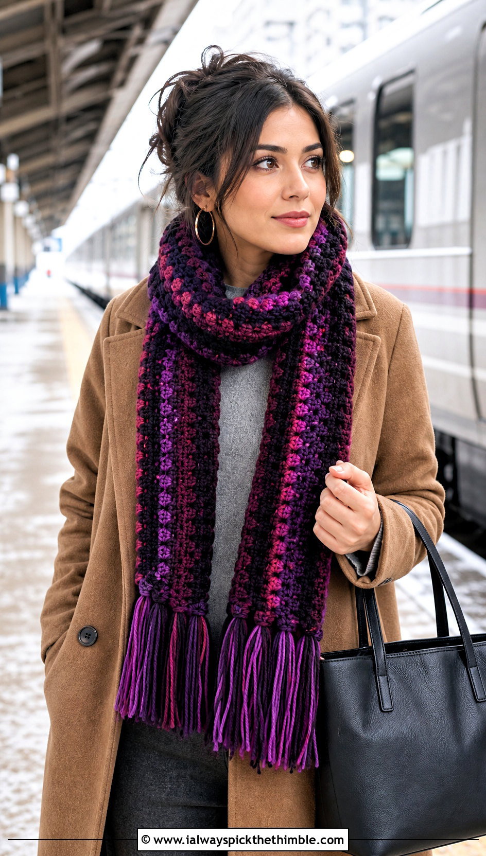 Fringed Crochet Candy Scarf With Wool Coat And Leggings - 15 crochet candy scarf outfit ideas