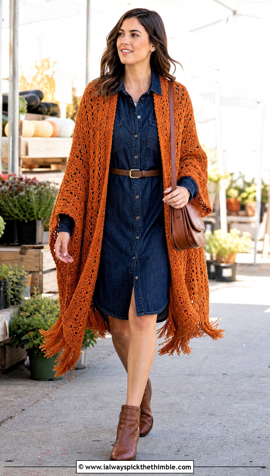 Fringed Crochet Cape Coat With A Denim Shirt Dress - 15 Crochet Cape Coat outfit ideas