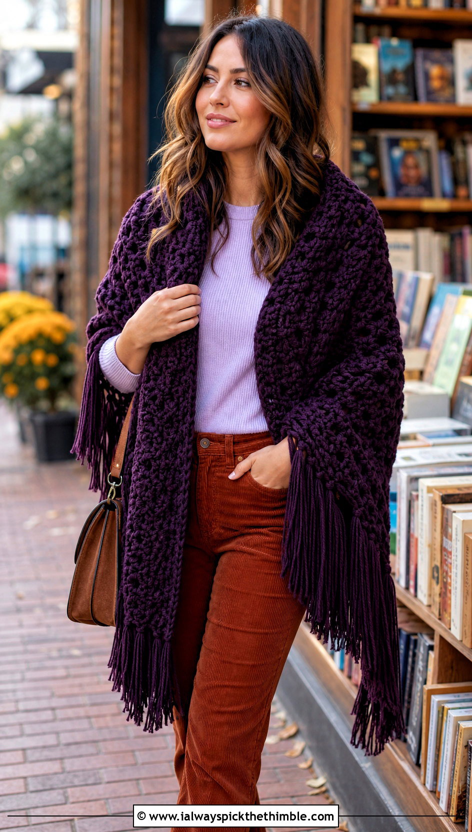 Fringed Crochet Chunky Shawl With Corduroy Pants - 20 Crochet Chunky Shawl outfit ideas