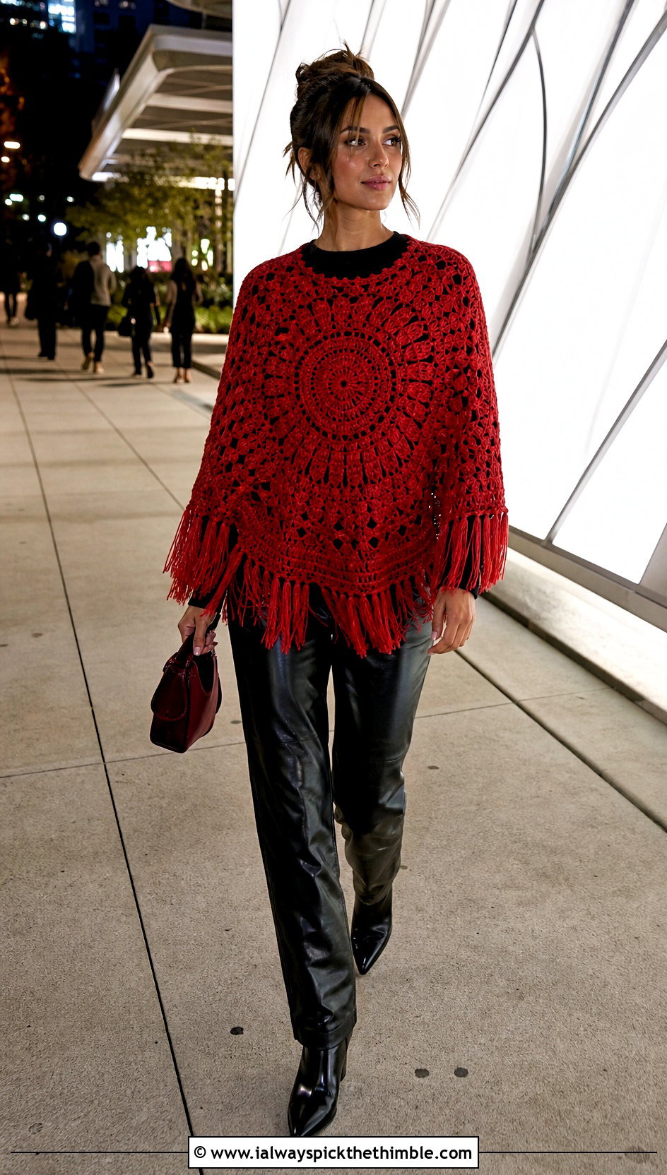 Fringed Crochet Circle Sweater With Leather Pants - 20 crochet circle sweater outfit ideas