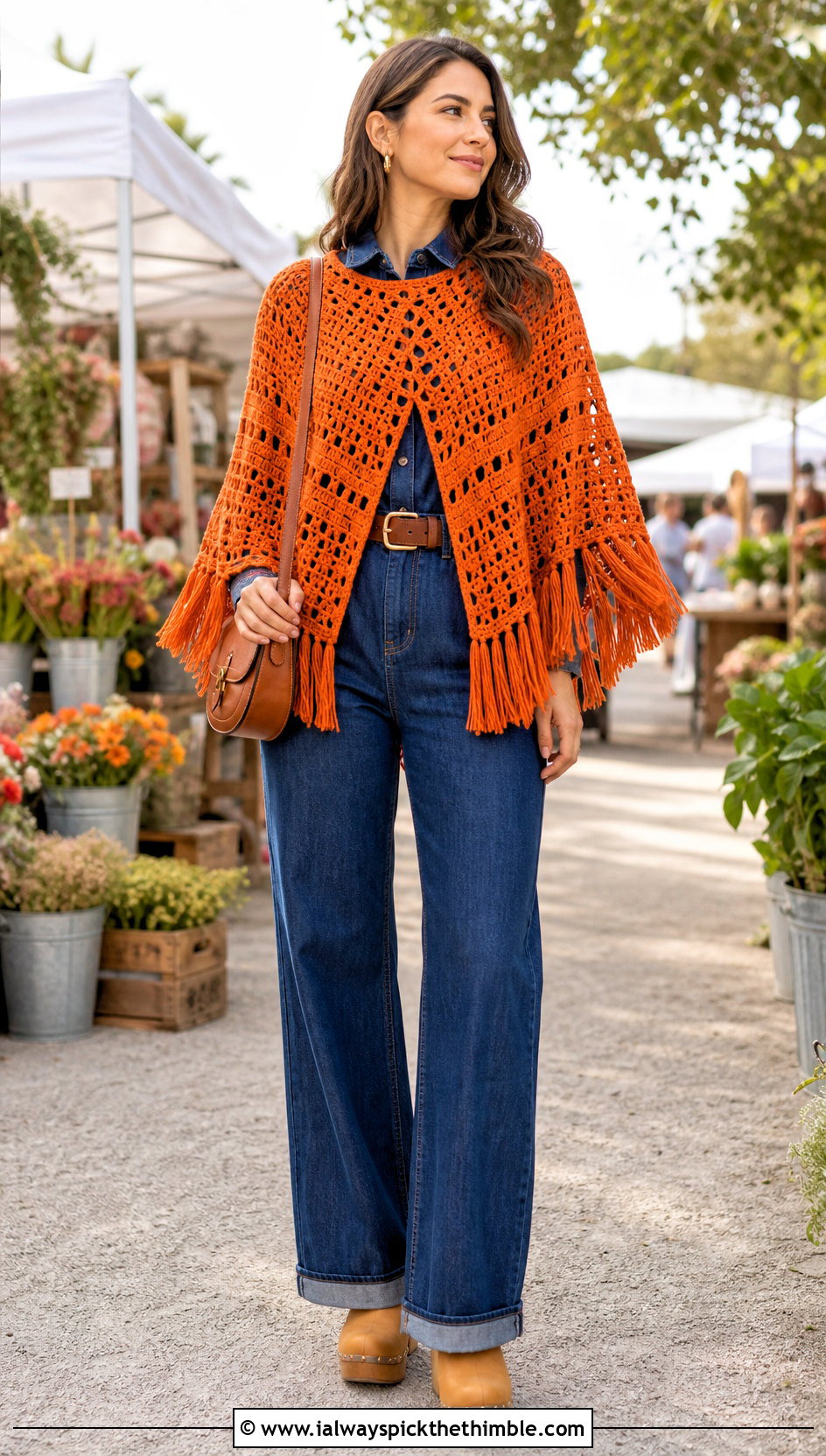Fringed Crochet Circular Poncho With Denim Jumpsuit - 20 Crochet Circular Poncho outfit ideas