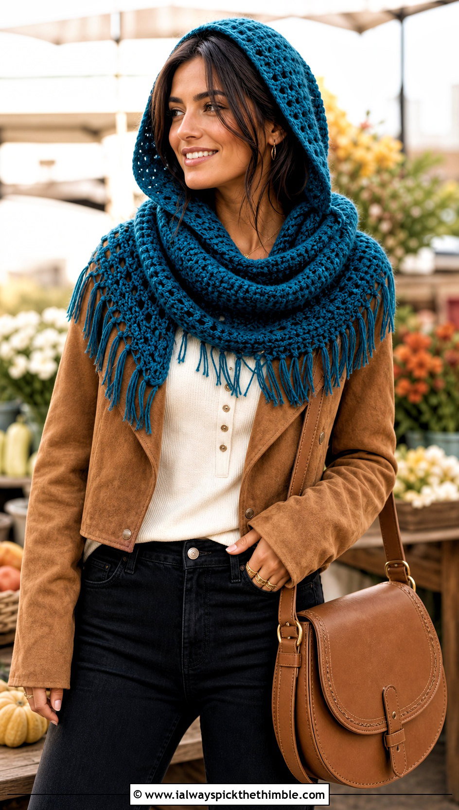 Fringed Crochet Hooded Cowl With Suede Jacket - 20 easy crochet hooded cowl outfit ideas