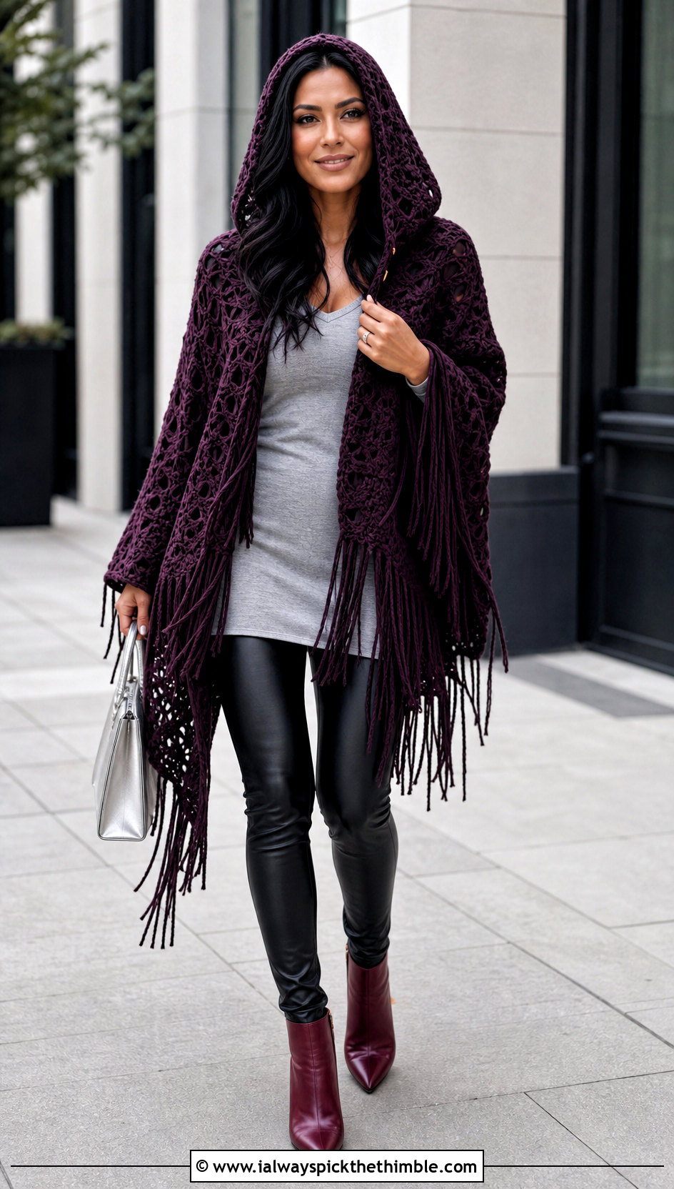 Fringed Crochet Hooded Poncho With Faux Leather Leggings - 25 Crochet Hooded Poncho outfit ideas