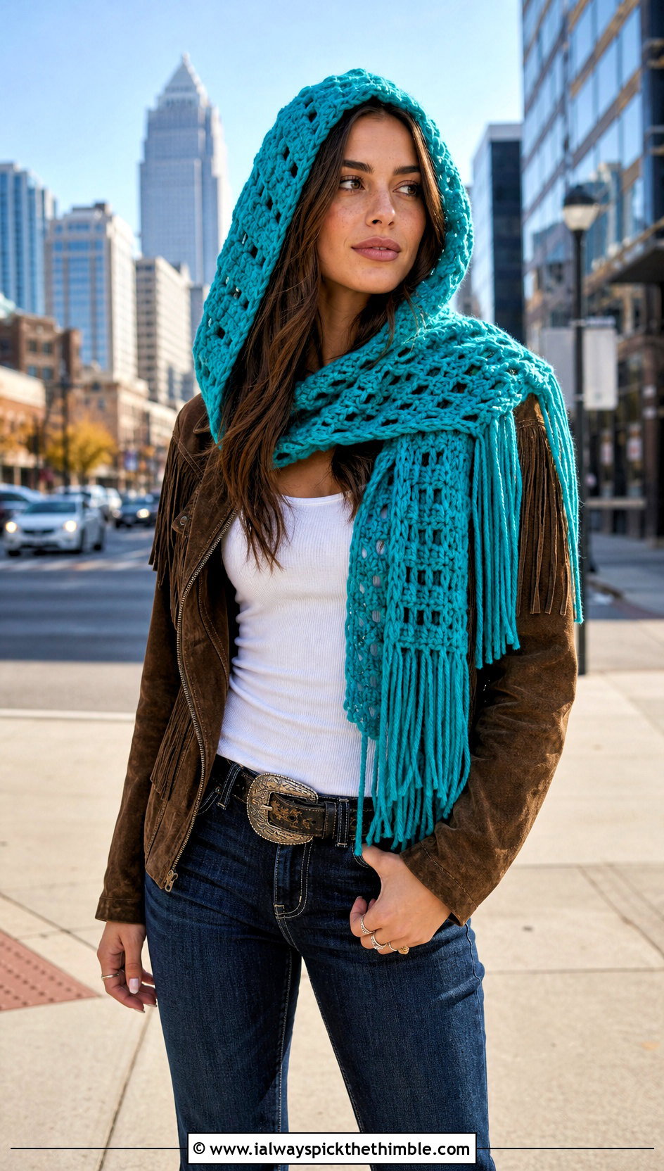 Fringed Crochet Hooded Scarf With Suede Jacket - 20 crochet hood hat outfit ideas