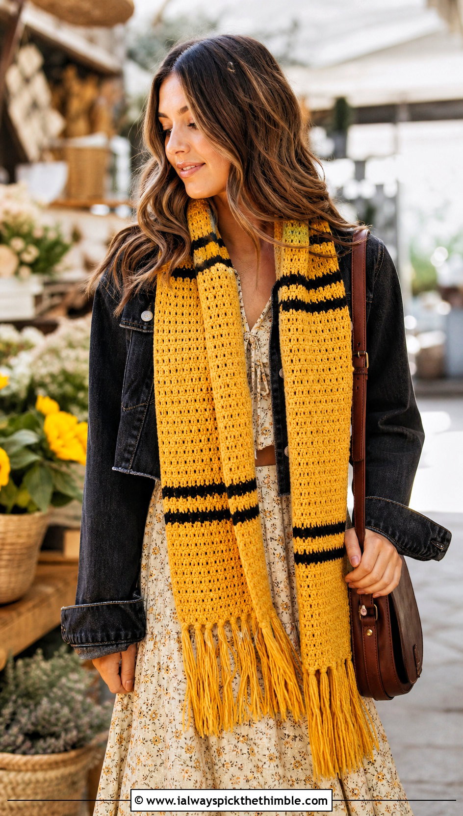 Fringed Crochet Hufflepuff Scarf With Prairie Dress - 20 crochet hufflepuff scarf outfit ideas