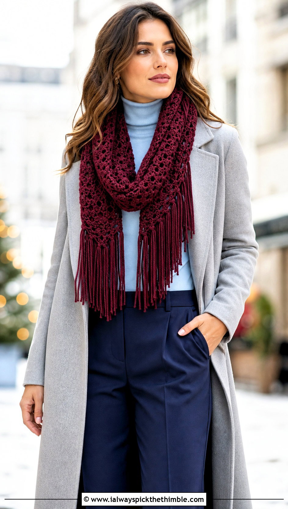 Fringed Crochet Infinity Scarf With Maxi Coat - 20 easy crochet infinity scarf outfit ideas