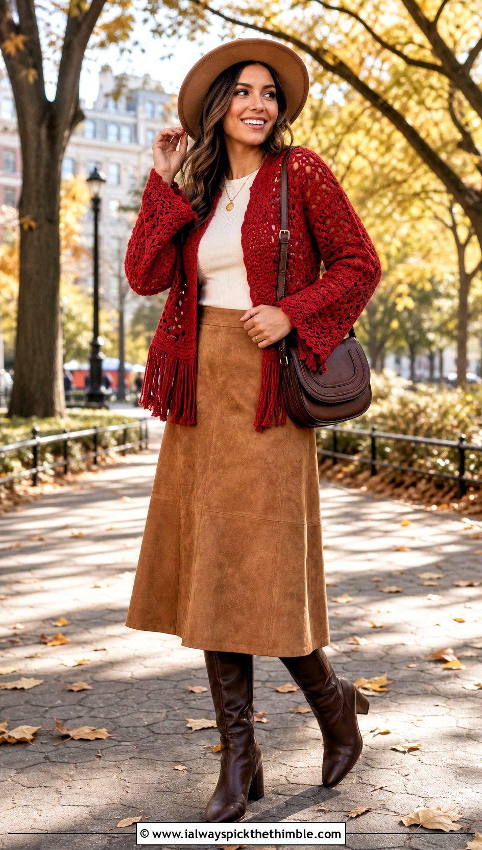 Fringed Crochet Jacket With Suede Skirt - 25 crocheted jacket outfit ideas