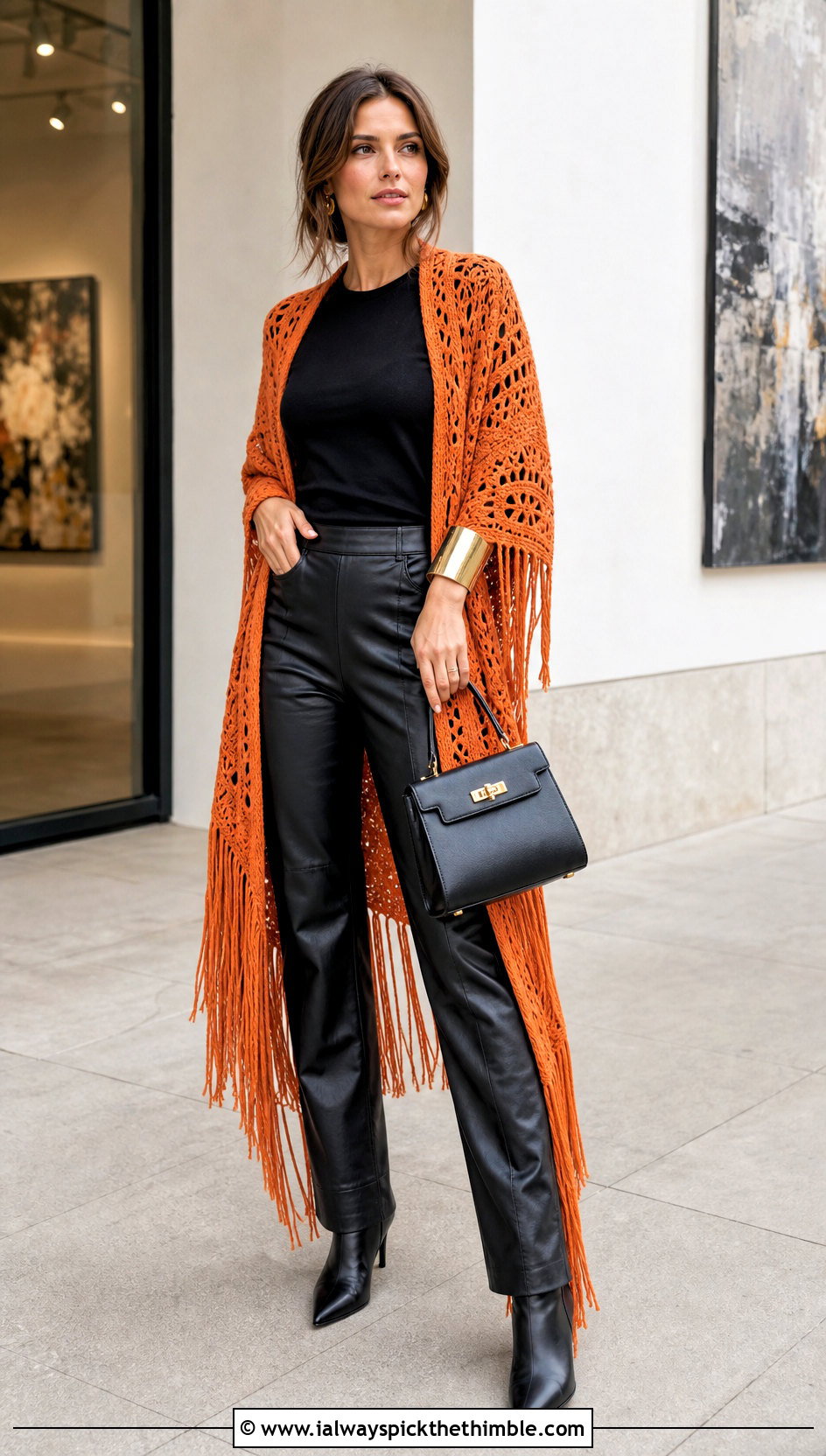 Fringed Crochet Kimono With Leather Pants - 25 crochet kimono outfit ideas
