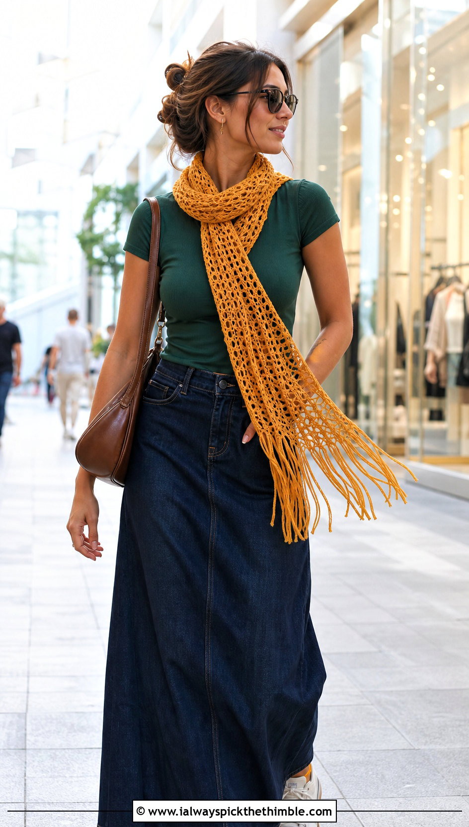 Fringed Crochet Lace Scarf With T Shirt And Denim Maxi Skirt - 25 crochet lace scarf outfit ideas