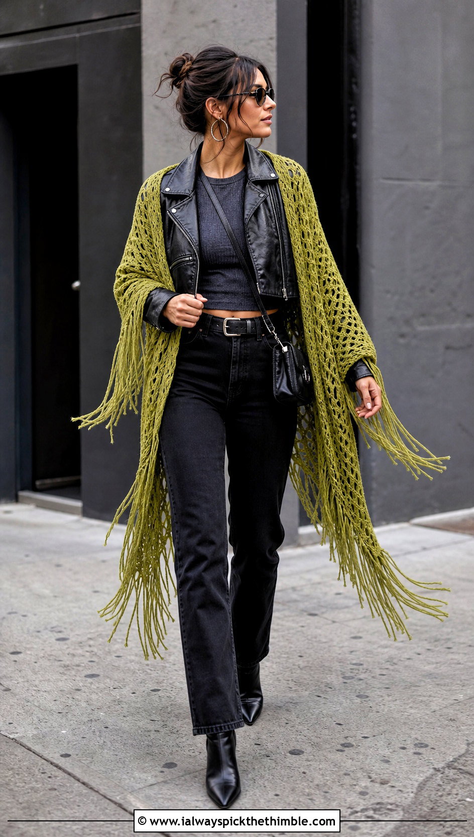 Fringed Crochet Long Shawl With Leather Jacket - 20 Crochet Long Shawl outfit ideas