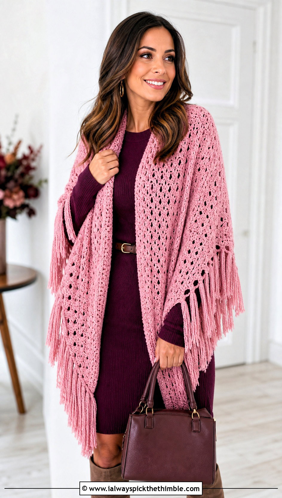 Fringed Crochet Mantle Scarf With Sweater Dress - 20 Crochet Mantle Scarf outfit ideas