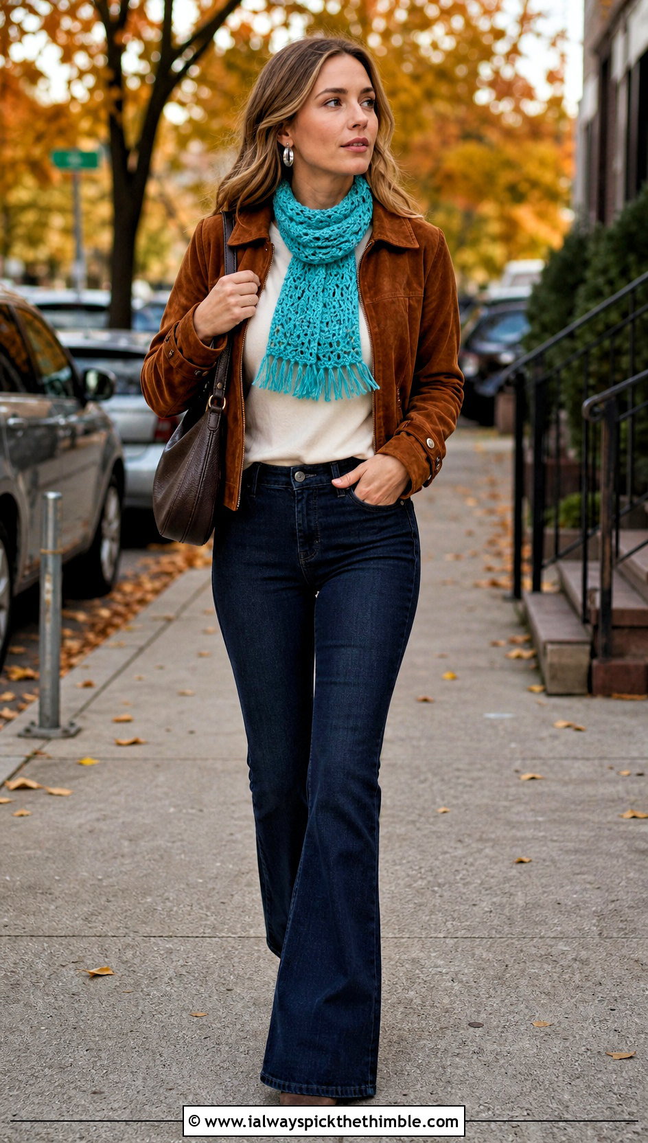 Fringed Crochet Mini Scarf With Suede Jacket And Flare Jeans - 25 crochet mini scarf outfit ideas