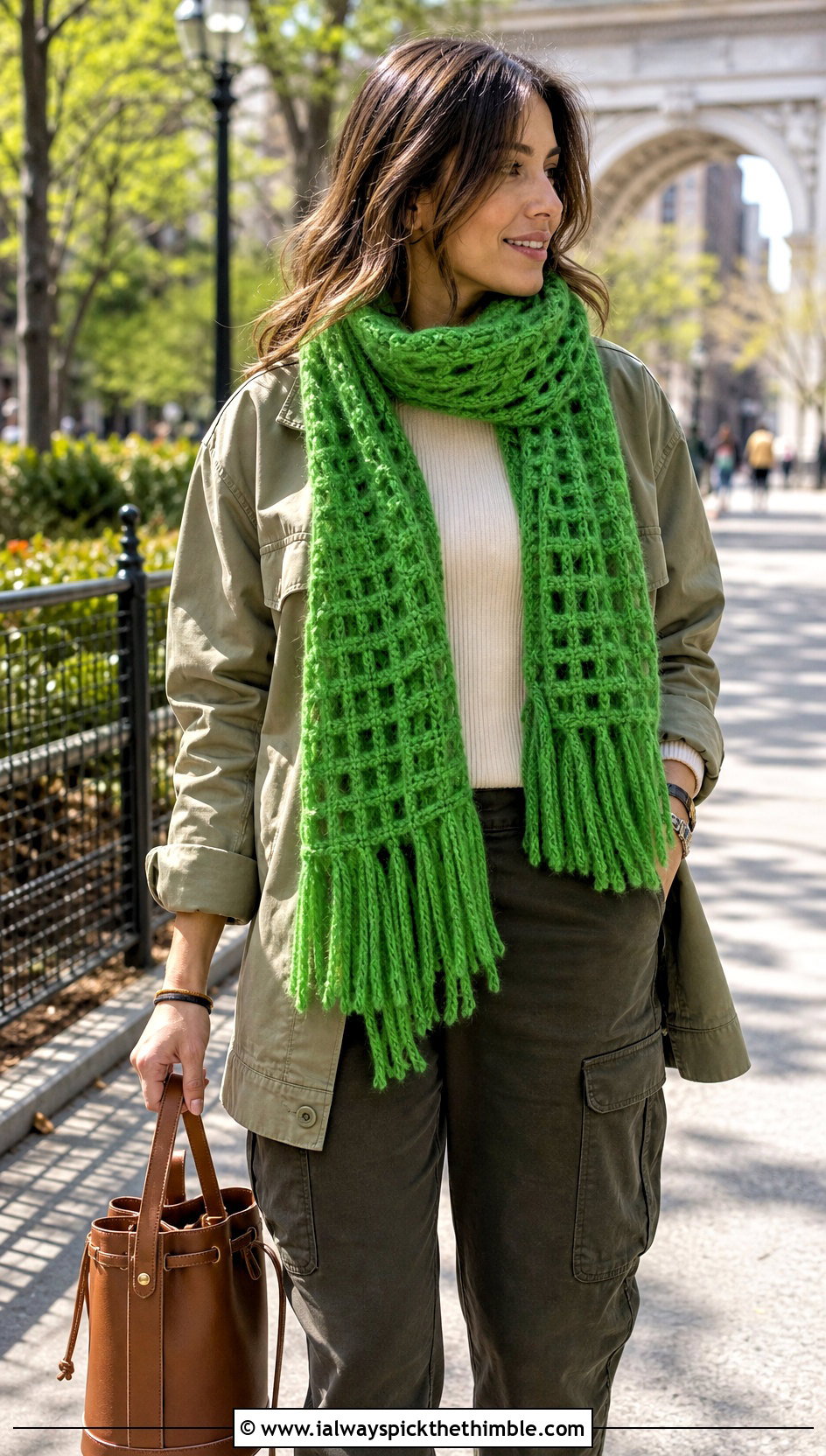 Fringed Crochet Mohair Scarf With Utility Jacket - 20 crochet mohair scarf outfit ideas