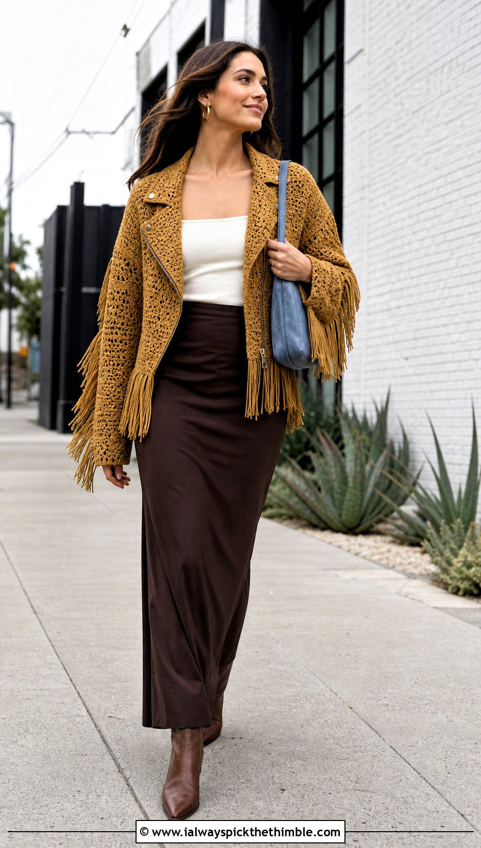 Fringed Crochet Moto Jacket With Column Maxi Skirt - 15 Crochet Moto Jacket outfit ideas