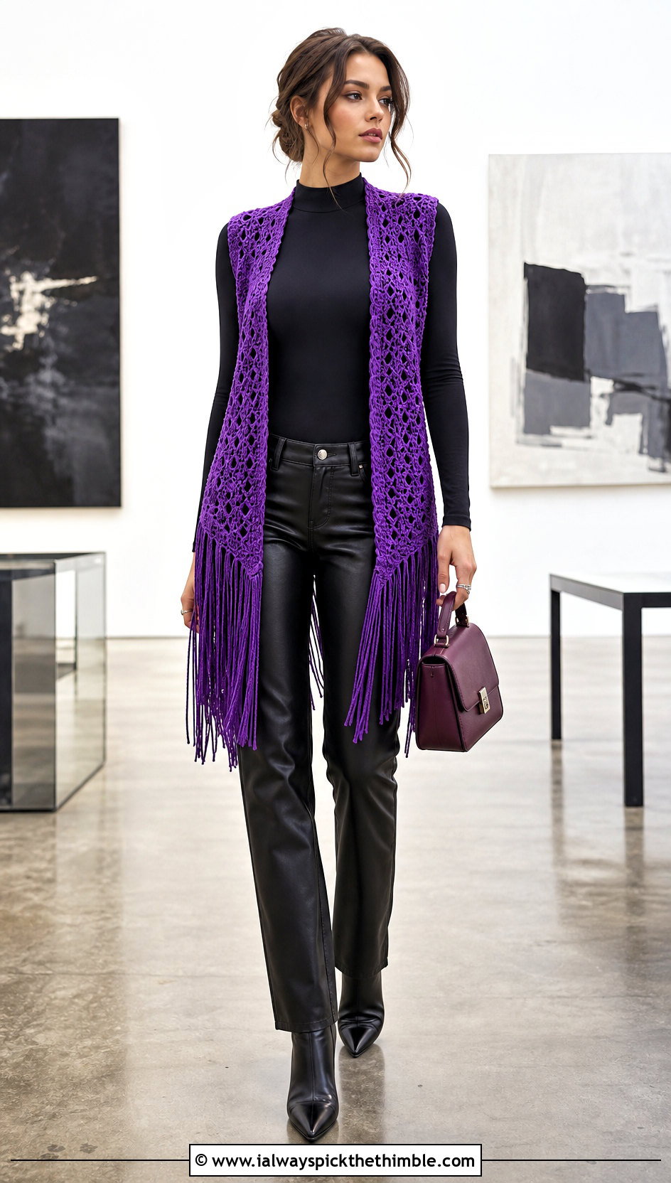 Fringed Crochet Open Front Vest With Leather Pants - 20 crochet open front vest outfit ideas