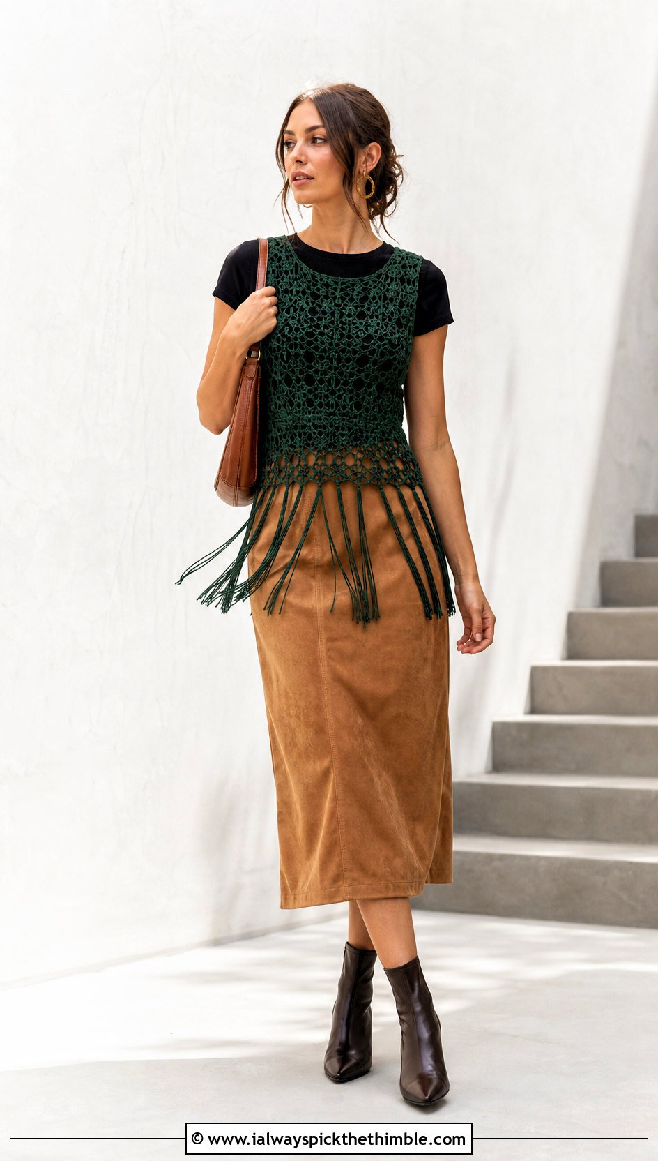 Fringed Crochet Overlay Top With Suede Skirt - 25 crochet layering top outfit ideas
