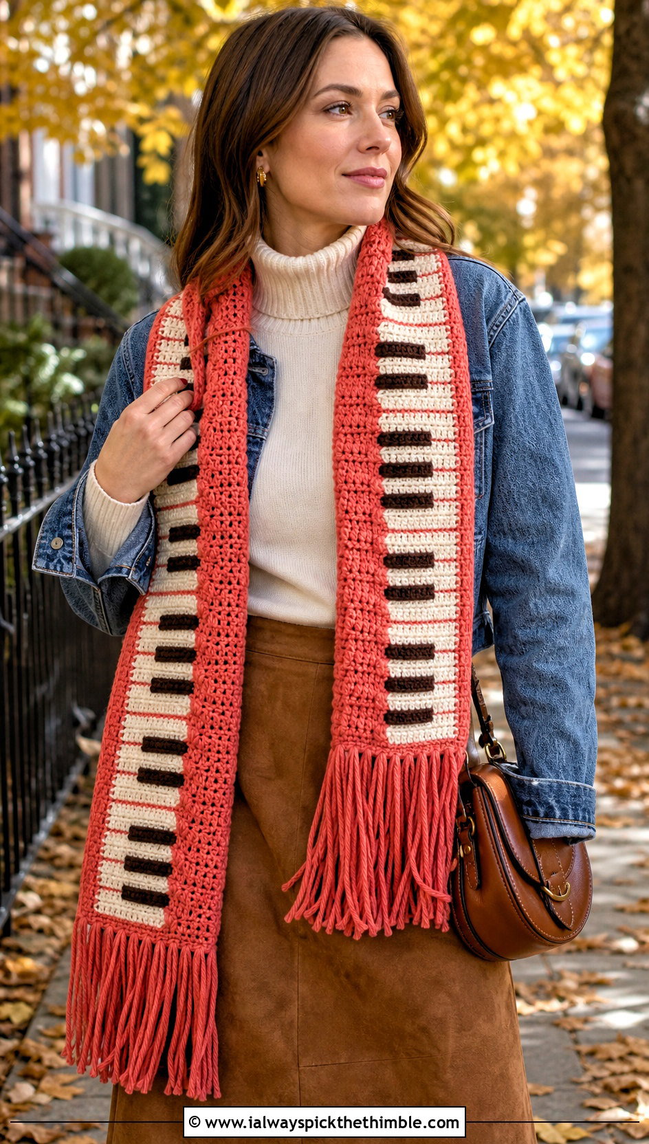 Fringed Crochet Piano Scarf With Suede Skirt - 25 crochet piano scarf outfit ideas