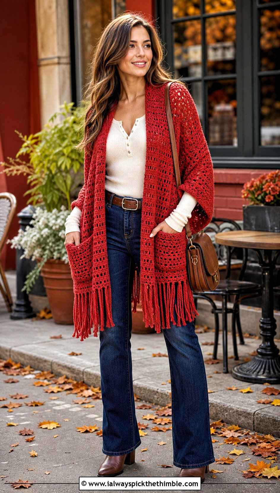 Fringed Crochet Pocket Shawl With Bootcut Jeans - 15 Crochet Shawls And Wraps With Pockets outfit ideas