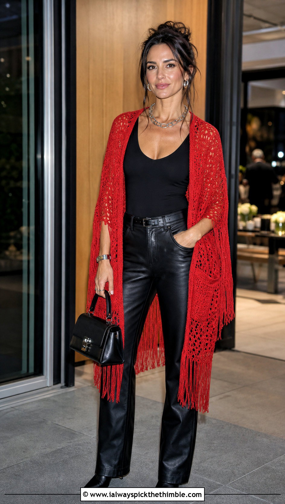 Fringed Crochet Pocket Wrap With Leather Pants - 20 Crochet Pocket Wrap outfit ideas