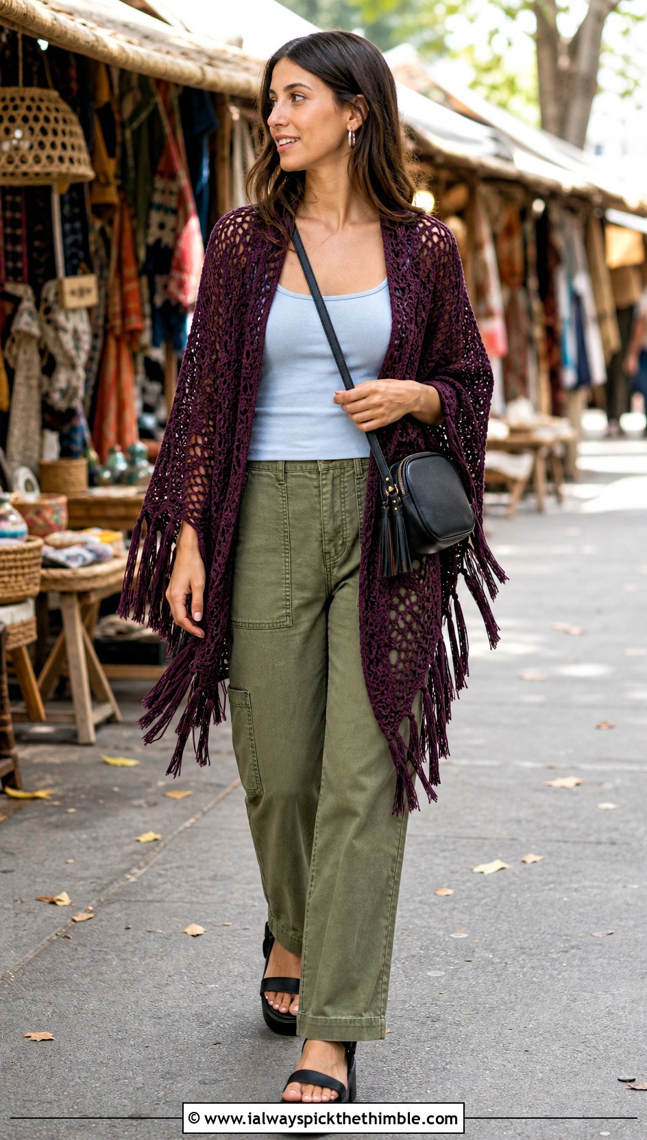 Fringed Crochet Poncho Cover Up With Utility Pants - 15 crochet cover up top ideas