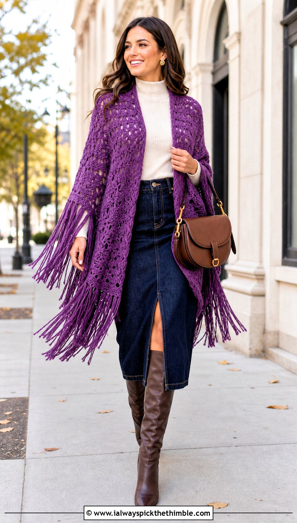 Fringed Crochet Poncho Sweater With Denim Midi Skirt - 25 crochet poncho sweater outfit ideas