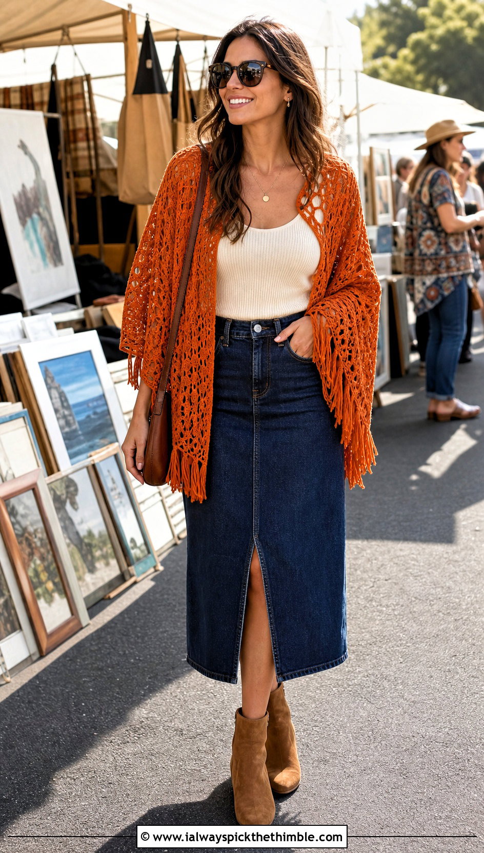 Fringed Crochet Poncho With Denim Midi Skirt - 15 Quick Crochet Poncho outfit ideas