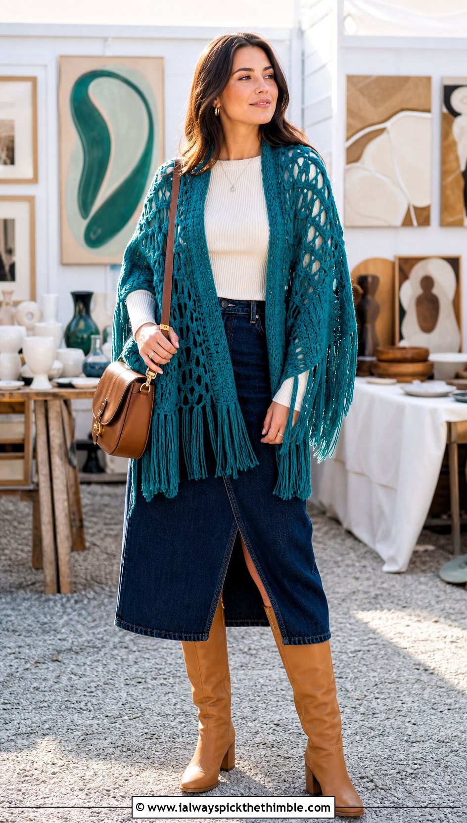 Fringed Crochet Poncho With Denim Midi Skirt - 20 Simple Crochet Poncho outfit ideas