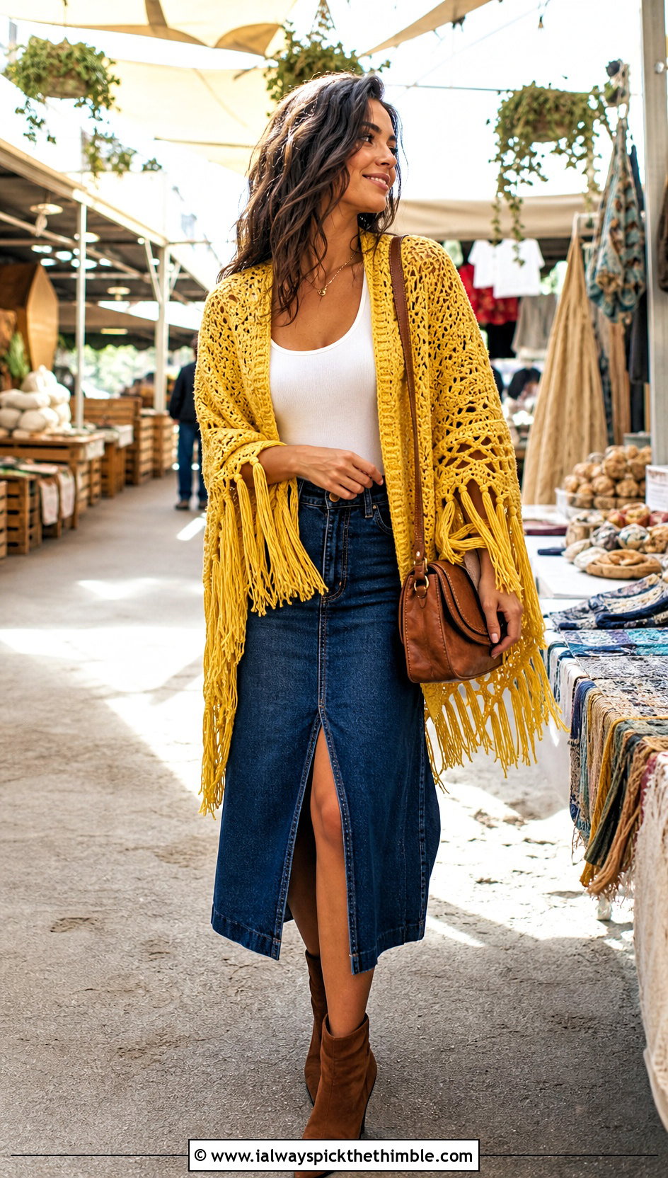 Fringed Crochet Poncho With Denim Midi Skirt - 25 easy crochet poncho woman outfit ideas
