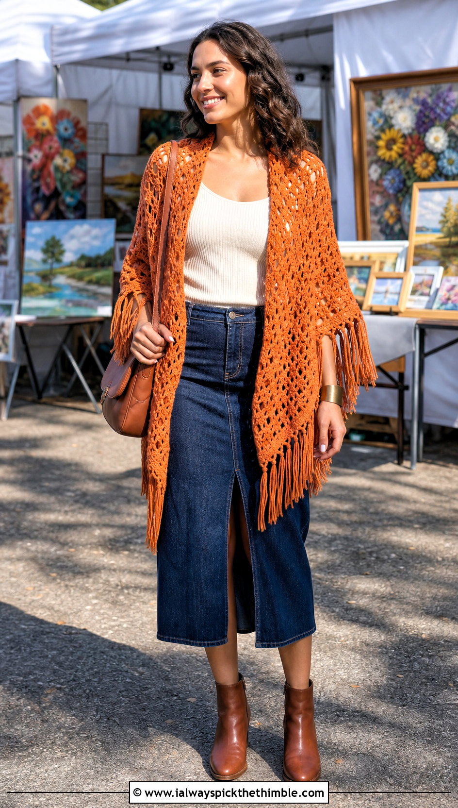 Fringed Crochet Poncho With Denim Midi Skirt - 15 Crochet Womens Poncho outfit ideas