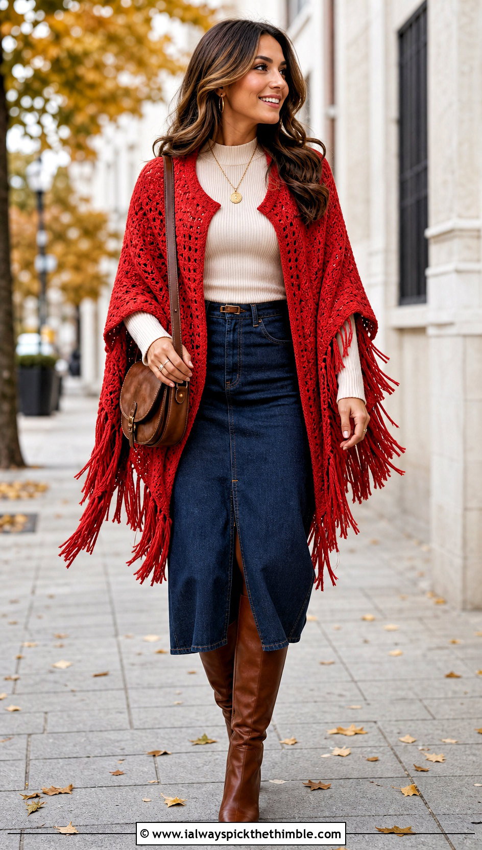 Fringed Crochet Poncho With Denim Skirt And Boots - 15 Crochet Shawls And Ponchos outfit ideas