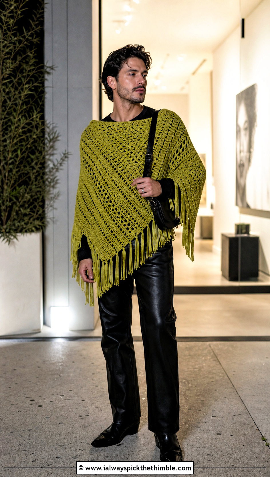 Fringed Crochet Poncho With Leather Pants - 20 men crochet poncho outfit ideas